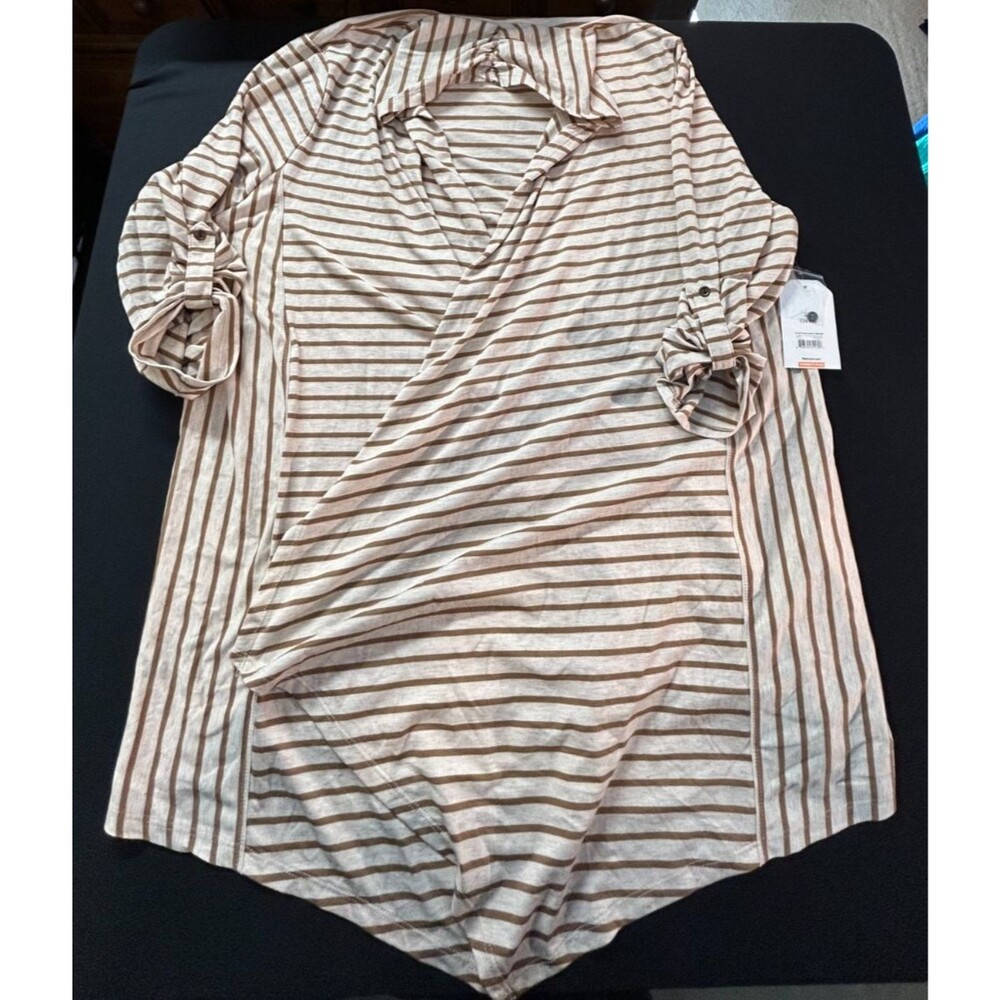 NWT Faded Glory Womens 1X 16W Cardigan Open Front Wrap Tan Cream Stripe Tab